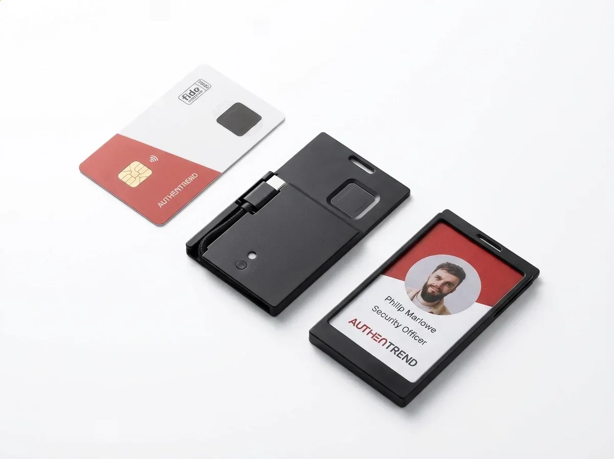 Red and white chip card beside black device and identification badge